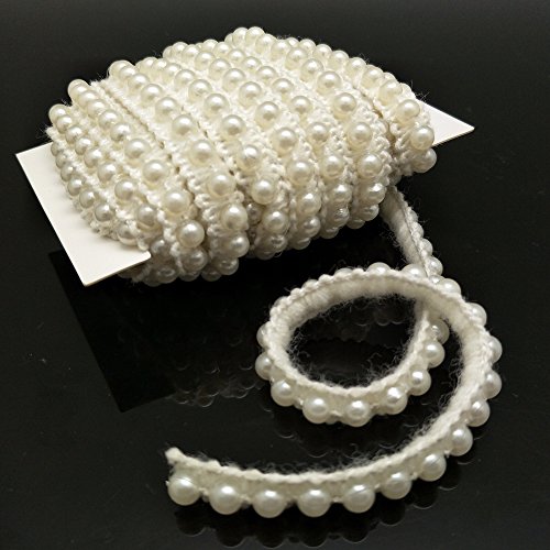 Fqtanju LS-45 5 Yards Faux Pearls Lace Ribbon Applique Pearl Fringe thumb #4