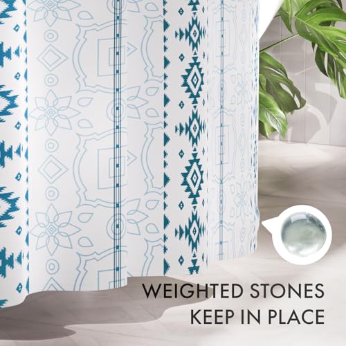 Image of AmazerBath Boho Shower Curtain, 72x72 Washable Cloth Navy and White Shower Curtains for Bathroom, Fabric Rustic Neutral Shower Curtain Set with 12 Hooks, Modern Camper RV Dorm Stall Shower Curtain
