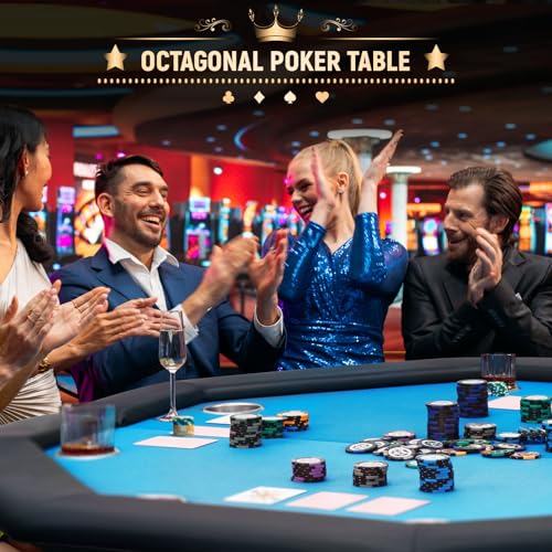 ECOTOUGE Game Poker Table Foldable, Folding Texas Holdem Poker Table with Collapsible Legs & Stainless Steel Cup Holders, Casino Leisure Gamimg Table for 8 Players, Blue - Thumbnail 6