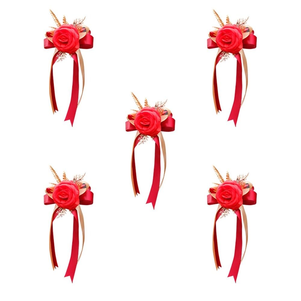 ihreesy Decoracion Boda Coche, 5 Piezas Rosas Artificiales Flores Artificiales Decorativas Rojo de Romántico Rosa y Cinta Adornos Coche Boda para decoración de cumpleaños Bodas Fiestas