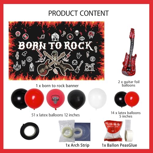 Image of Crenics Rock and Roll Party Decorations - Born to Rock Backdrop Banner, Balloons Arch Kit and Guitar Foil Balloons for Star Music Theme Birthday Party Supplies