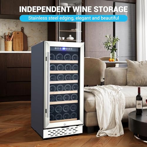 Image of 15 Inch Wine Cooler - Compressor Refrigerator with Lock, 28 Bottle Freestanding Wine Cellar, Dual Zone with Digital Temperature Control, Glass Door, and Beverage Cooler.