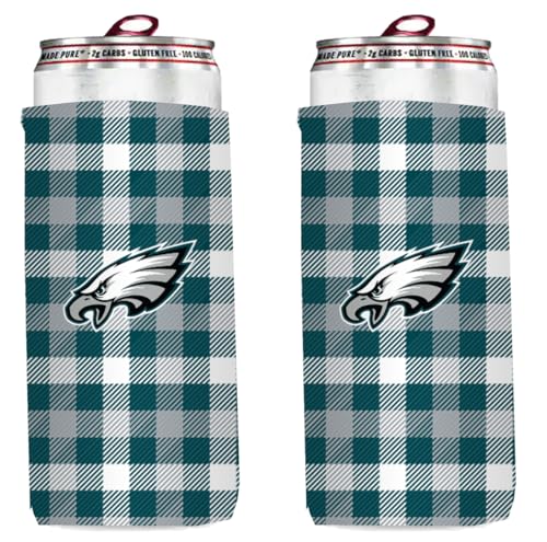 Football 12oz 2-Pack Slim Skinny Can Holder Insulator Beverage Huggie Cooler Coozies (Philadelphia Plaid Green (Eagles))