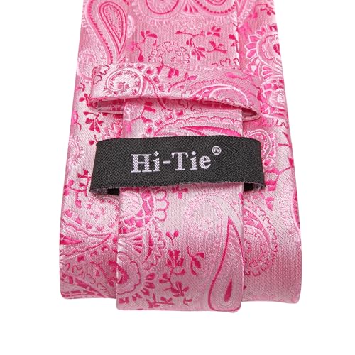 Image of Hi-Tie Paisley Pink Ties Set for Men Woven Necktie and Lapel Pin Pocket Square Cufflinks Sets Formal Business Wedding