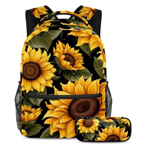 Sac à dos tournesol 2 pièces avec trousse pour l'école et les voyages des ados