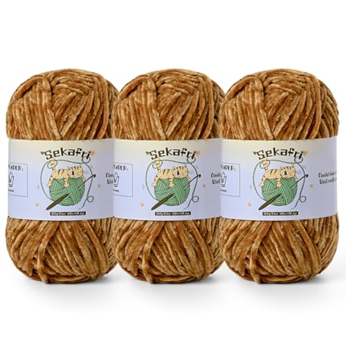 Image of 3 Pack of 300g (590yds) Fuzzy Chenille Yarn for Crocheting,Fluffy Amigurumi Crochet Yarn for DIY Craft /Hat /Clothes, Soft Velvet Baby Blanket Yarns(3 Brown)