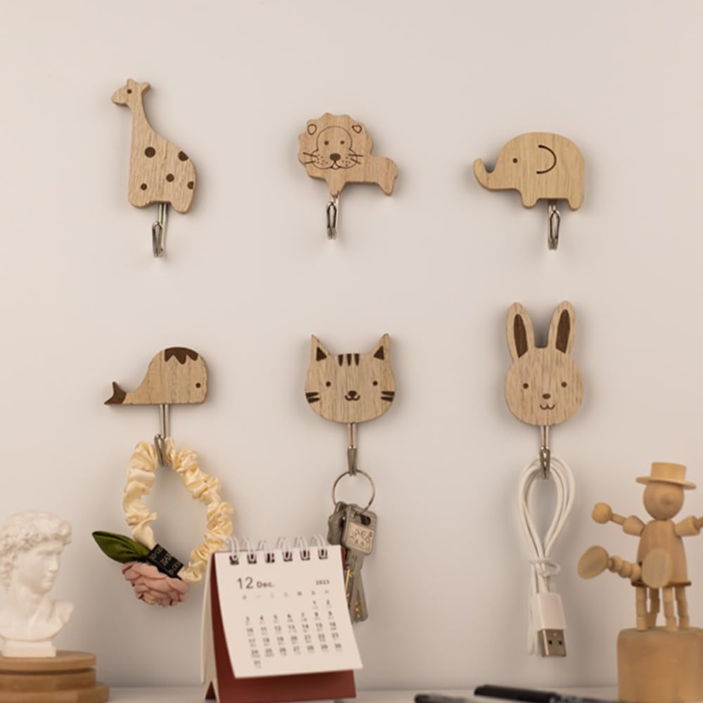 Ganci Adesivi Cucina Legno per Bambini Design Animali Carini Appendini da Muro Set 8 Pezzi