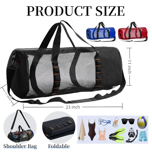 KOKKOYA Diving Scuba Surfing Snorkeling Dive Mesh Beach Bag Duffle Bags with Zipper and Adjustable Shoulder Strap for Travel Fitness Camping Swim Gym Gears Balls 23” x 11”