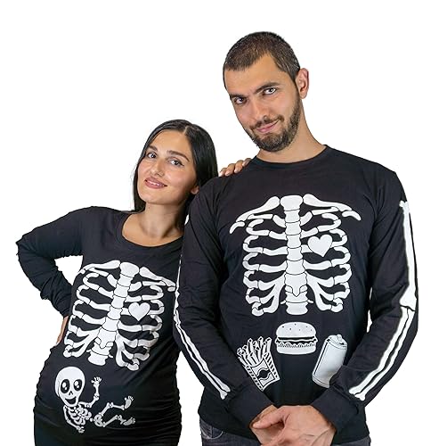 Image of Halloween Couple Glow in The Dark Long Sleeve Shirts Baby x-ray Maternity tee Men's Food Burger Skeleton Ribcage Shirts