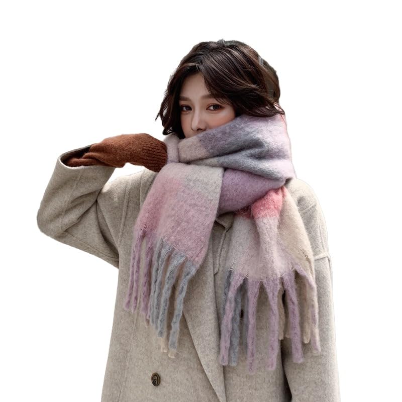 YsRoad Schal Damen Winter – Kuschelig Weich, Kaschmir-Imitat, Einfarbig/Kariert, XXL Deckenschal mit Fransen, 230x35cm,24-rosa Karo