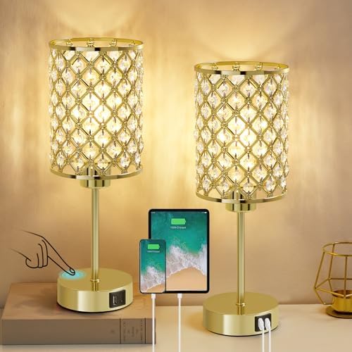 GyroVu Crystal Table Lamps Set of 2, Gold Touch Lamp for Nightsta...