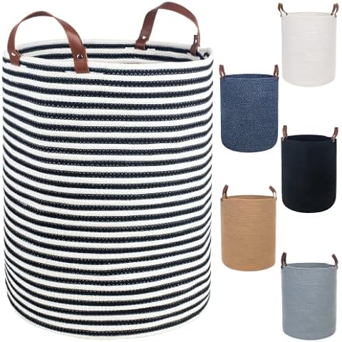 Caroeas XX-Large Woven Basket, 20'' x 16'' Tall Woven Storage Baskets with Leather Handles, 80L Blanket Basket, Cotton Rope Basket for Toys, Clothes and Pillows, Collapsible Laundry Basket Cover