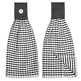 Cackleberry Home Gingham Check Terrycloth Hanging Kitchen Hand Towel Cotton with Button Accent, Set of 2 (Charcoal Gray)