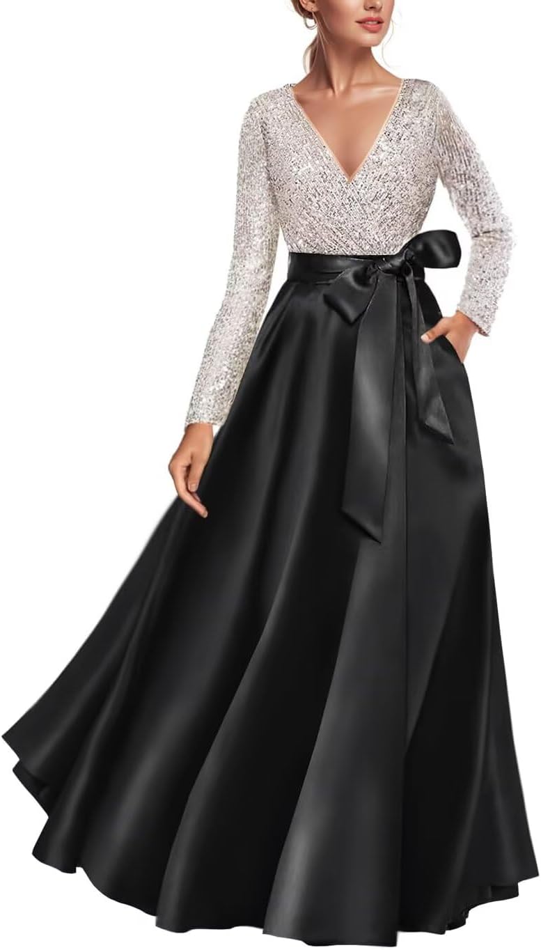 Womens Sequin Long Sleeve Evening Gown Satin Prom Dress Elegant A Line Wedding Guest Dress with Pocket