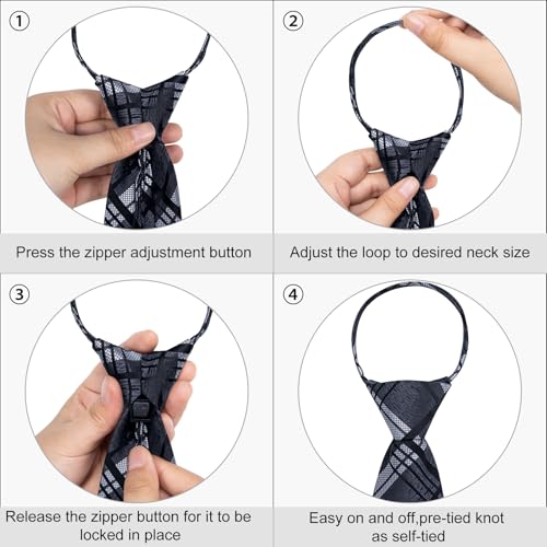 Image of DiBanGu Mens Zipper Ties Silk Adjustable Necktie Pocket Square