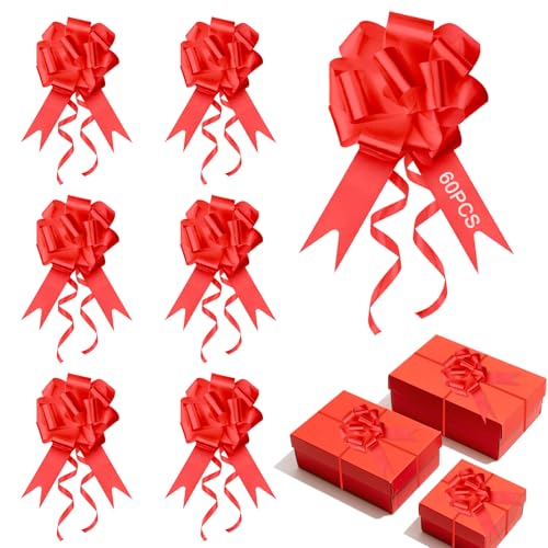60 Pièces Decoration Voiture Mariage Rouge, RISVOWO Mini Nœuds Décoratifs, 3cmx120cm Nœuds à Tirer en Ruban pour Deco Voiture, Emballage Cadeau,...