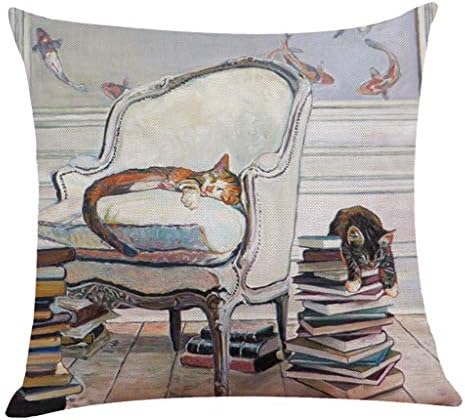 Harpily Cute Pillow Case Bookshelf Sleeping Cat Decorative Linen Blend Square Cushion Cover for Sofa Living Room Bookstore 45 X 45Cm (E)