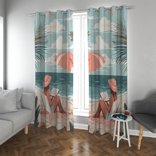 UIRINGART Playa Tropical Cortinas Opacas Vacaciones Viajes Cortinas con Aislamiento térmico Chica de Lectura Cortinas de Ventana para Sala de Estar Dormitorio 2 Paneles H214xB132