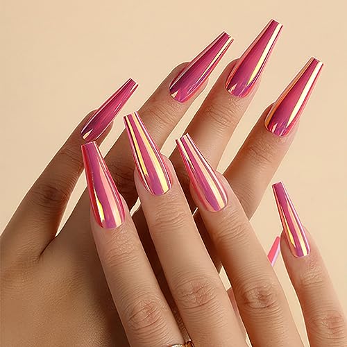 Chrome Press on Nails Pink Fake Nails Long Ballerina Glossy