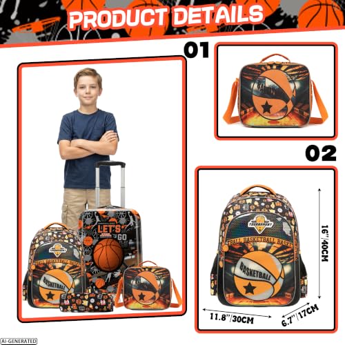 Image of Suitcase for Kids 16inch 5pcs Luggage Set for Boys Travel Suitcase Orange Basketball Hard Shell Luggage Sets with Spinner Wheels Carry on Luggage Airline Approved