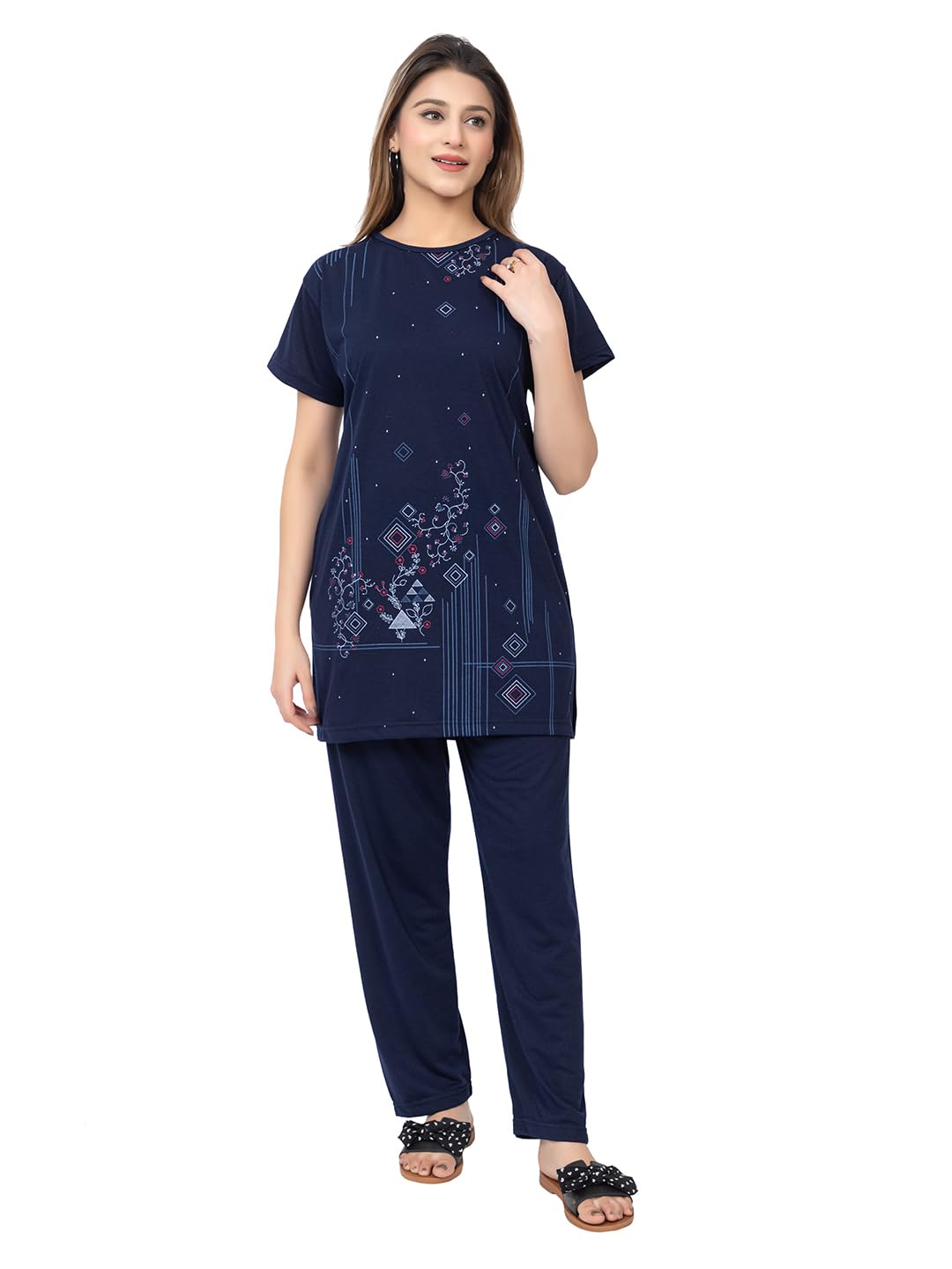 lo g lo Summer Wear Night Wear Round Neck Polycotton Spun Printed Half Sleeve Night Suit for Women's-picture-25