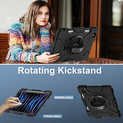 Groleoa Ipad Pro 11 Inch Case 2022/2021: Military Grade Shockproof Protective Cover Case For Ipad Pro 11 4Th Generation 2022 / 3Rd Gen 2021 + Pencil Holder + Stand + Hand/Shoulder Strap- Black #TOP3