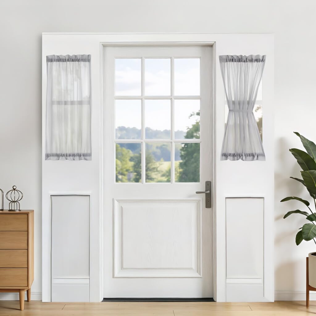 Aquazolax Kitchen Sheer Door Curtains Set of 2 for Small Glass Window, Door Curtain Panels for Front/French/Doorway/Sidelight Windows with Tieback, 25x40 Inches Grey