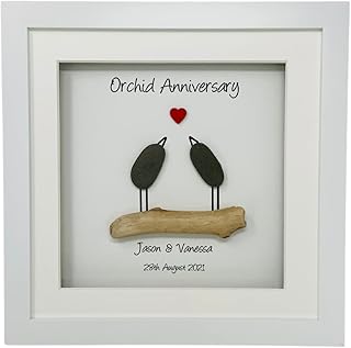 Personalised 28th Wedding Anniversary Gift for Husband Wife Couple Parents, Handmade Picture Frame, Orchid Anniversary Gifts for Her Him Twenty Eighth - Various Designs (Pebble Birds)