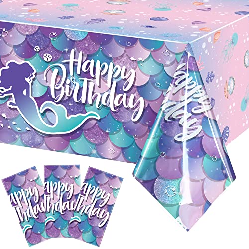 3 Pcs Mermaid Tablecloth Mermaid Princess Happy Birthday Table Cloth Ocean Sea Party Table Cover Scales Mermaid Backdrop For Baby Shower Girls Birthday Party Decoration Supplies, 54 X 108 Inch #TOP9
