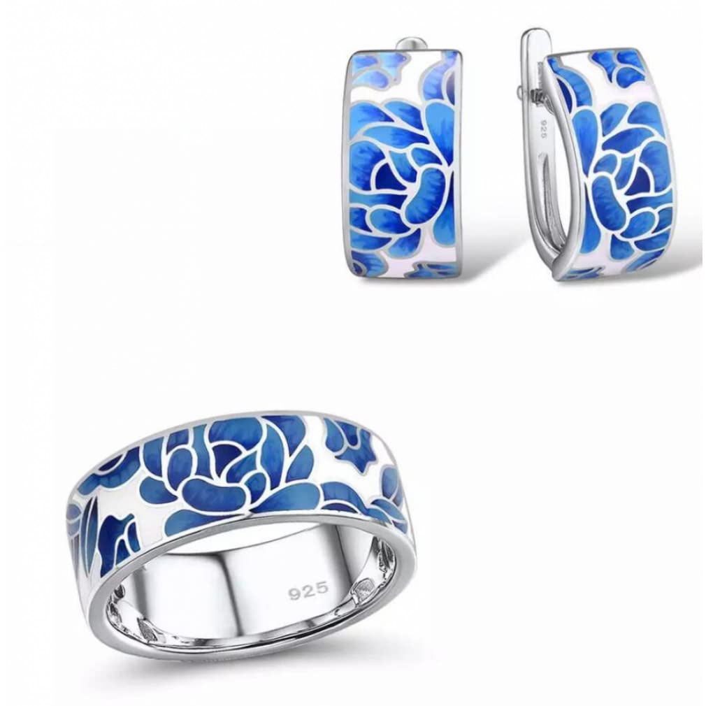 Silber Schmuck Set für Damen Reines 925 Sterling Silber Blaue Blume Emaille Ohrringe Ring Set Edlen Schmuck Handgefertigt