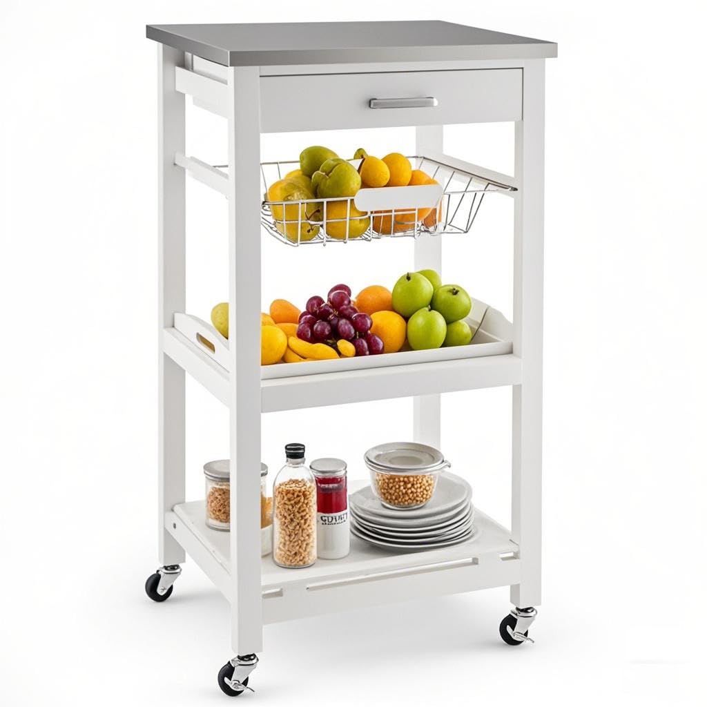 IFANNY Kitchen Rolling Cart with Stainless Steel Table Top, Drawer, Metal Baskets & Wooden Tray, Wood Storage Cart on Wheels, Modern Serving Cart for