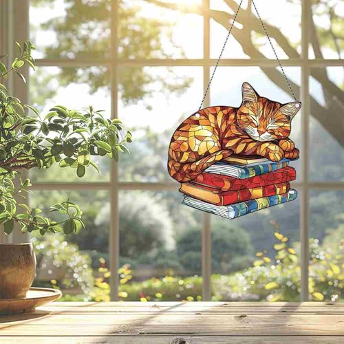 Image of Orange Tabby Cat Acrylic Ornament Gift for Book Lovers Christmas Decor