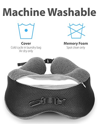 Fosmon Reisekissen mit Ohrstöpseln, Weiches Komfortables Reisekissen aus Memory-Schaum Kissen für Kopf und Kinnstütze, 100% Baumwolle Maschinenwaschbarer Bezug für Reisen - Dunkelgrau/Schwarz - Image 7