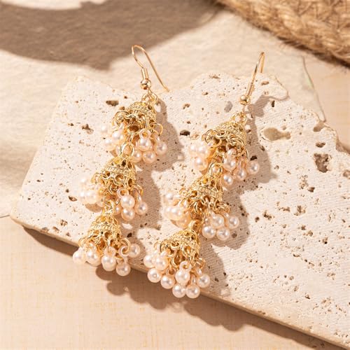 Vintage Triple Jhumki Bell Pearl Long Tassel Dangle Earrings for Women Gold Plated Delicate Personalized Bohemia Indian Chandelier Hook Large Statemen Dangling Hypoallergenic Traditional Jewelry3