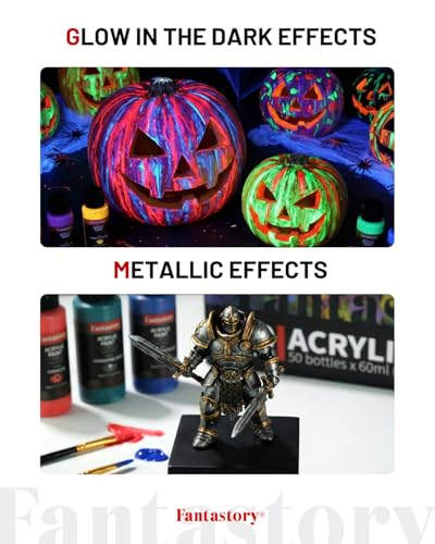 Image of Fantastory Acrylic Paint Set, 50 Colors (2oz /60ml) with 15-Piece Accessory Kit (12 Brushes, Palette, Scraper, Sponge) - Includes 6 Glow-in-the-Dark & 6 Metallic Colors. Non-toxic & waterproof paint for wood, pumpkin, rock, canvas, clay. Perfect for artists, DIY crafts & 3D printing.