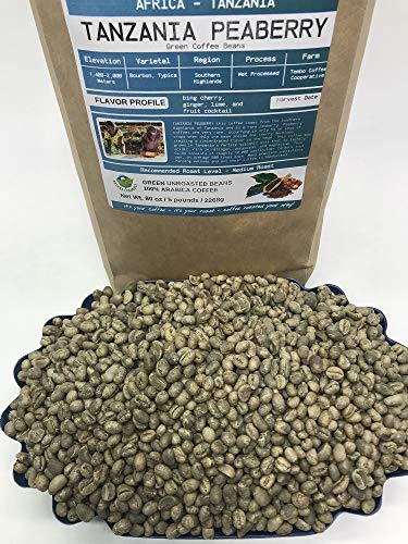 5 Pounds – Southern Africa – Tanzania Peaberry – Unroasted Arabica Green Coffee Beans – Grown In Southern Highlands – Altitude 1400-2000 M – Drying/Milling Process Wet Processed – Includes Burlap Bag #TOP3
