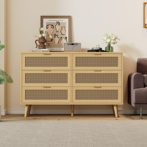 Merax Buffet - Élégante commode rétro avec tiroirs en rotin et pieds en bois massif, 120 cm, couleur noyer, idéal comme armoire de salon ou armoire...