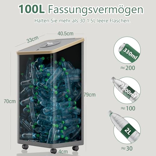 BZBRLZ Pfandflaschen Sammelbehälter mit Rollen, Pfandflaschen Aufbewahrung mit Deckel, Flaschensammler, Behälter Leergut & Altglas, Wäschesammler mit Abnehmbarem Beutel