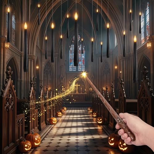Meigic 20PCS Black Floating and Hanging Flameless Taper Candles with Wand Remote Battery Operated Gothic Halloween Candles with Flickering Amber Glow for Haunted House Witchy Dinner Ceiling Decor