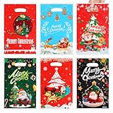 FINGOOO クリスマス 手提げ袋 ラッピング ギフトバッグ 60枚・6種類25.5×16.5CM レジ袋 小判抜き ビニール PE 小分け 雑貨 プレゼント 贈り物 長方形 (クリスマス 60PCS)