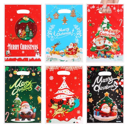 FINGOOO クリスマス 手提げ袋 ラッピング ギフトバッグ 60枚・6種類25.5×16.5CM レジ袋 小判抜き ビニール PE 小分け 雑貨 プレゼント 贈り物 長方形 (クリスマス 60PCS)