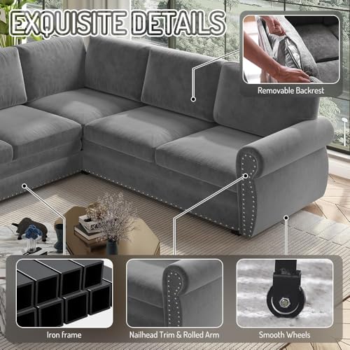 KCGKCG 118\" Sleeper Sofa Bed, Sectional Couches for Living Room/Apartment, Chenille L Shaped Couch with Pull Out Couch Bed, Convertible Sectional Sofa with Rolled Arm & Nailhead Trim, Light Grey - Thumbnail 6