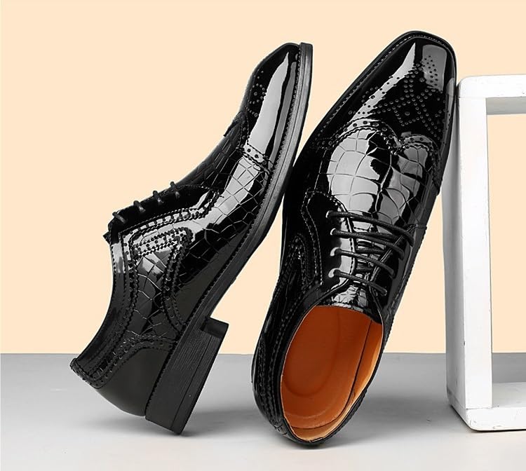 Men's Patent Leather Wingtip Oxfords Lace Up Dress Square Toe Shoes Retro Round Toe Tuxedo Shoes for Prom Wedding Business3