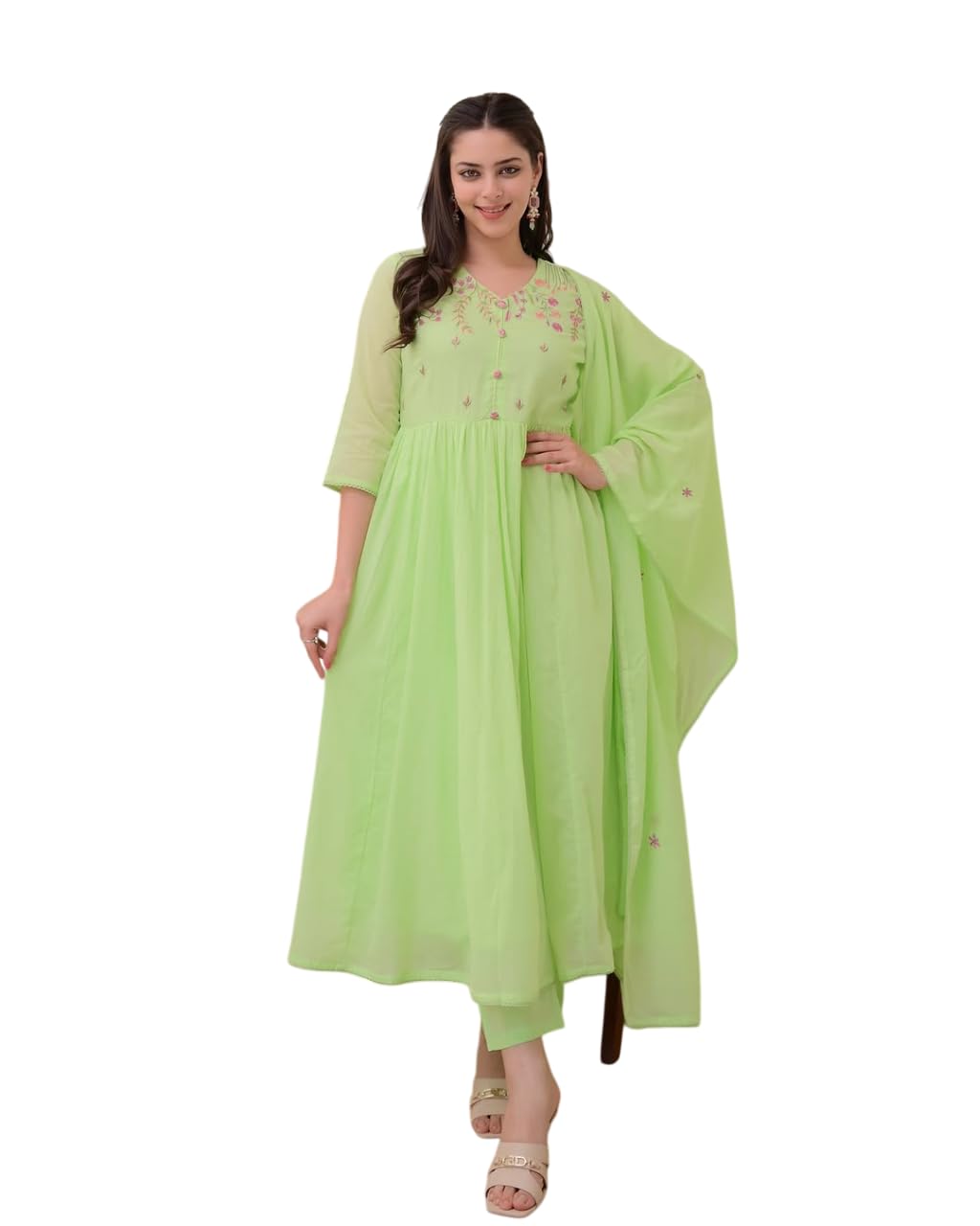 Women's Cotton Embroidered Anarkali Kurti with Pant and Dupatta Set-picture-45