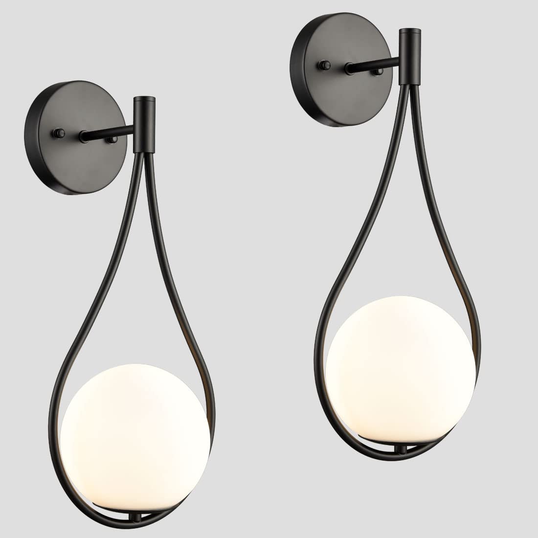 HOLKIRT Black Wall Sconces Set of Two Mid Century Modern Wall Light Fixtures for Bedroom Living Room Bathroom with White Opal Hand Blown Globe Glass