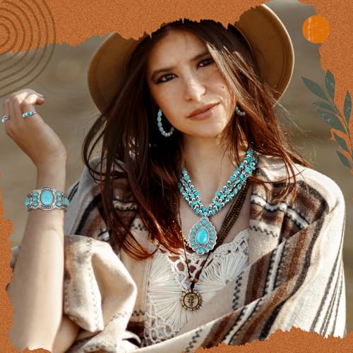 Image of Ecally Bohemian Western Jewelry Turquoise Set Women Country Pendant Long Choker Layered Bracelets Earrings Ring for Women