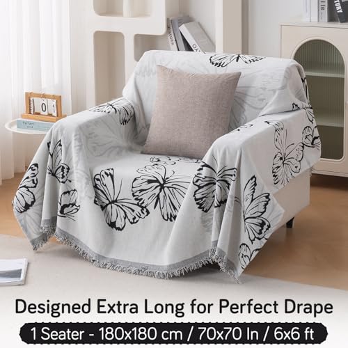 Image of HOKIPO Premium Chenille Printed Sofa Cover Throw Blanket 320 GSM for 1 Seater - All Season Use, 'Serene Abode Series' Monochrome Butterfly (180x180 cm) (AR-6631-D8)