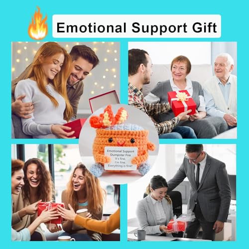 Image of RovyFota Emotional Support Crochet Dumpster Fire with Positive Card Cute Room Decor Knitted Toys Funny Crochet Support Buddies Gifts for Friends (Orange)