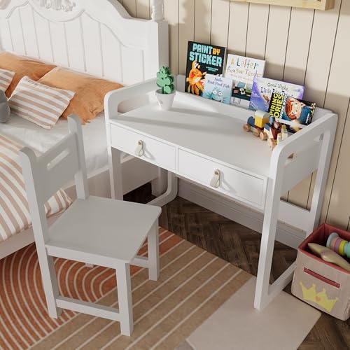 image for Treocho Kids Desk and Chair Set, Study Desk for Kids with Drawers, Woo