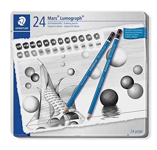 Image of STAEDTLER Mars Lumograph Drawing Pencils: Set of 24 in Metal Case - Presharpened Graphite Art Pencils - Hardness Grades 12B-10H - For Drawing, Shading, Drafting & Illustrating - All Skill Levels